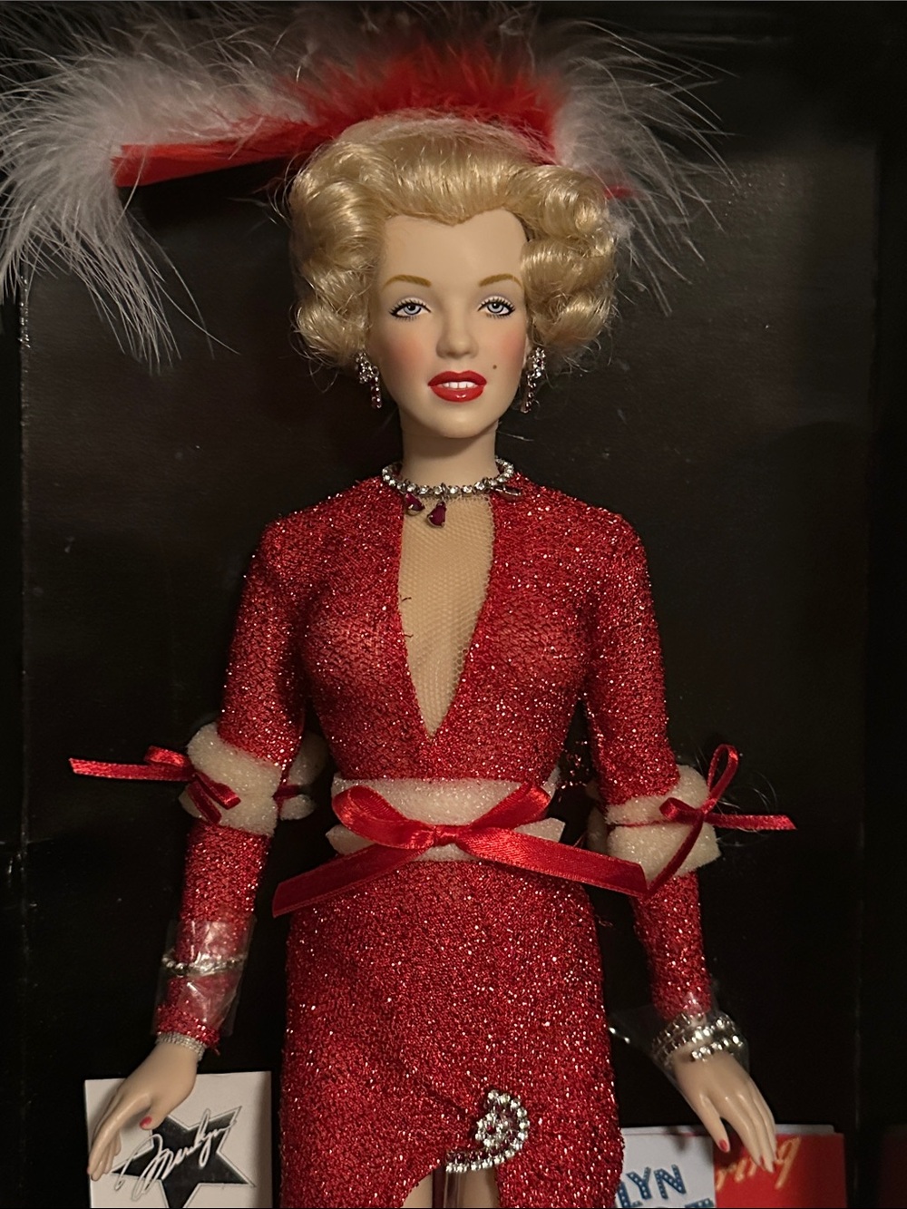Mattel Red Glitter Glamour Doll with Feathered Headpiece